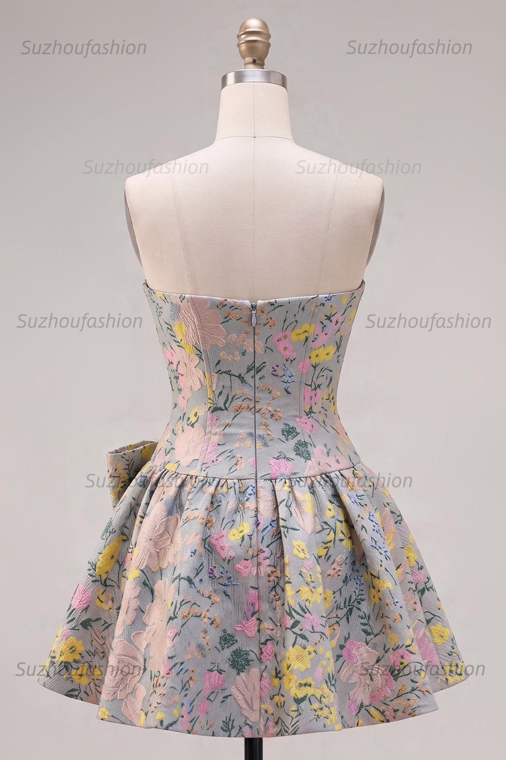 Suzhoufashion Grey A-Line Jacquard Short Corset Homecoming Dress with Bow
