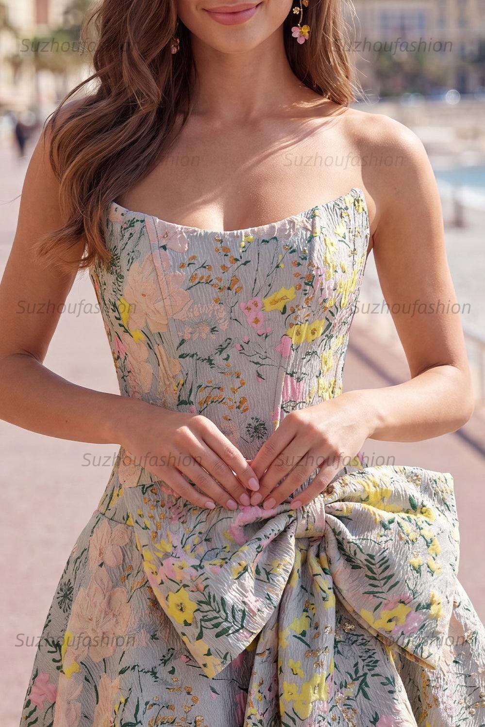 Suzhoufashion Grey A-Line Jacquard Short Corset Homecoming Dress with Bow