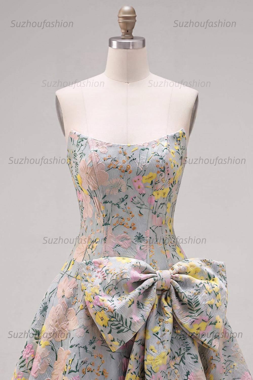 Suzhoufashion Grey A-Line Jacquard Short Corset Homecoming Dress with Bow