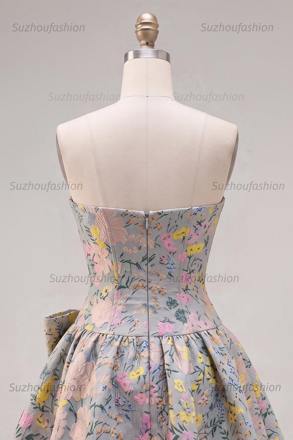 Suzhoufashion Grey A-Line Jacquard Short Corset Homecoming Dress with Bow