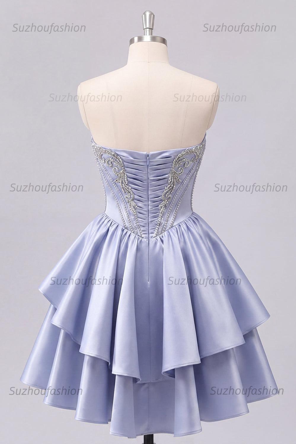 Suzhoufashion Grey-Blue Beaded A-Line Corset Short Homecoming Dress with Ruffles