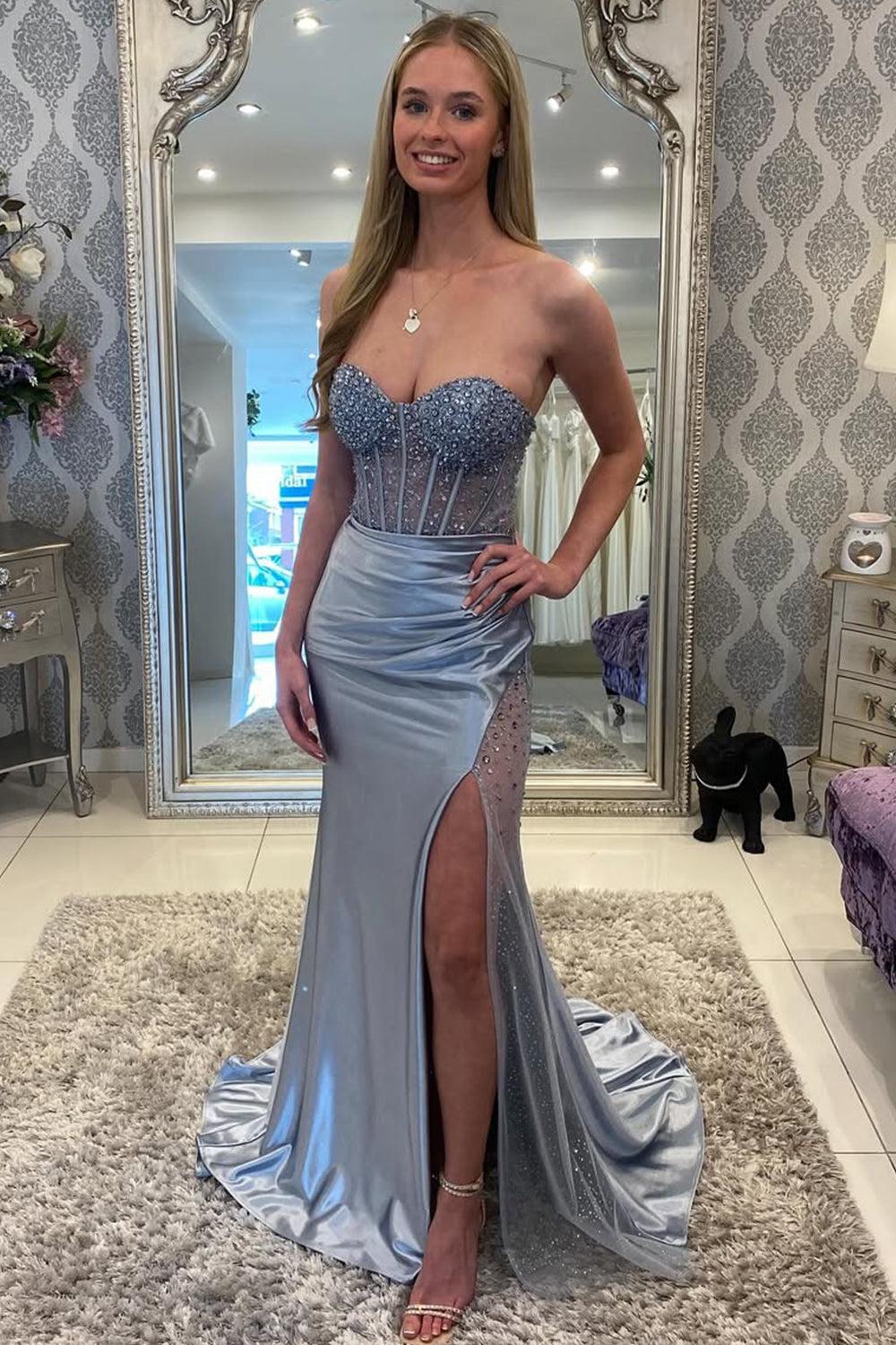 Suzhoufashion Grey Blue Beaded Mystique Mermaid Dress With High Slit And Train Formal Evening Gown