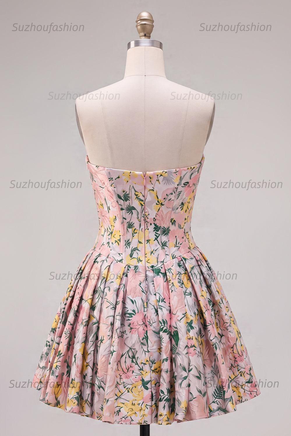 Suzhoufashion Grey Corset Jacquard A-Line Short Homecoming Dress with Bow