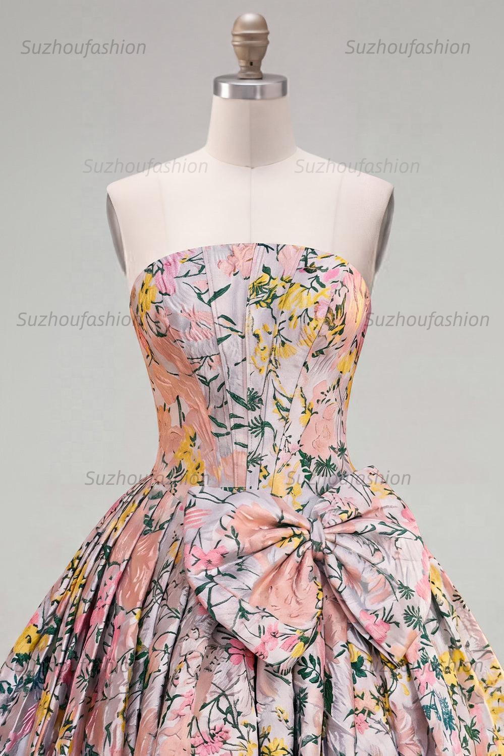 Suzhoufashion Grey Corset Jacquard A-Line Short Homecoming Dress with Bow