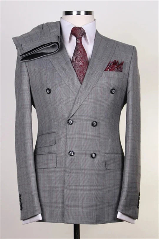 Suzhoufashion Grey Double Breasted Plaid Slim Fit Men Suits