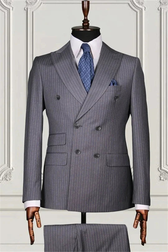 Suzhoufashion Grey Formal Striped Double Breasted Bespoke Men Suits