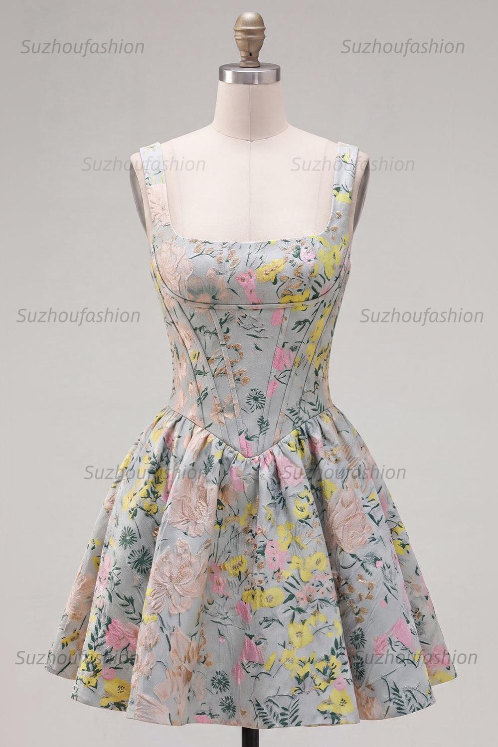 Suzhoufashion Grey Square Neck Jacquard A-Line Short Corset Homecoming Dress