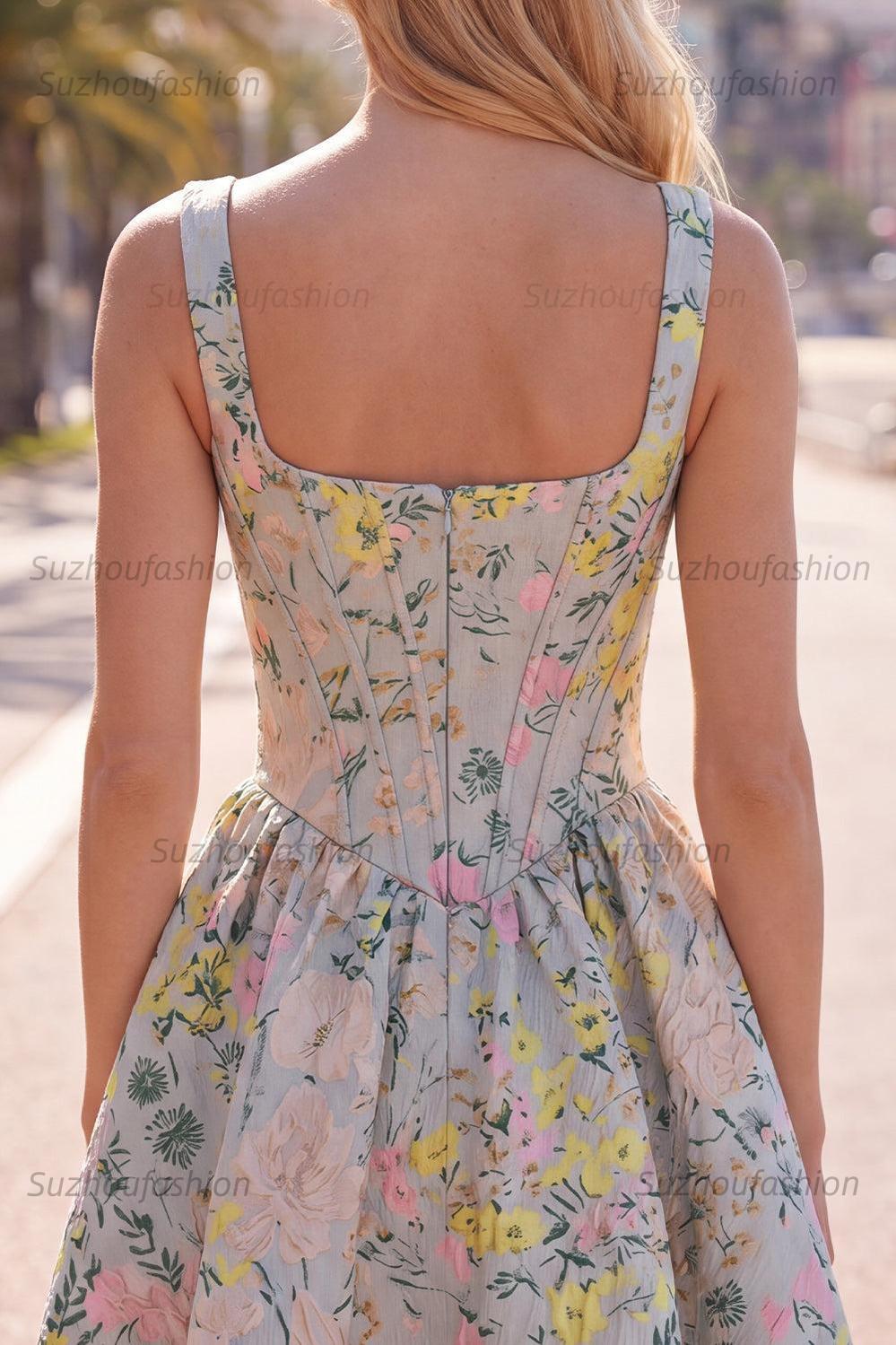 Suzhoufashion Grey Square Neck Jacquard A-Line Short Corset Homecoming Dress