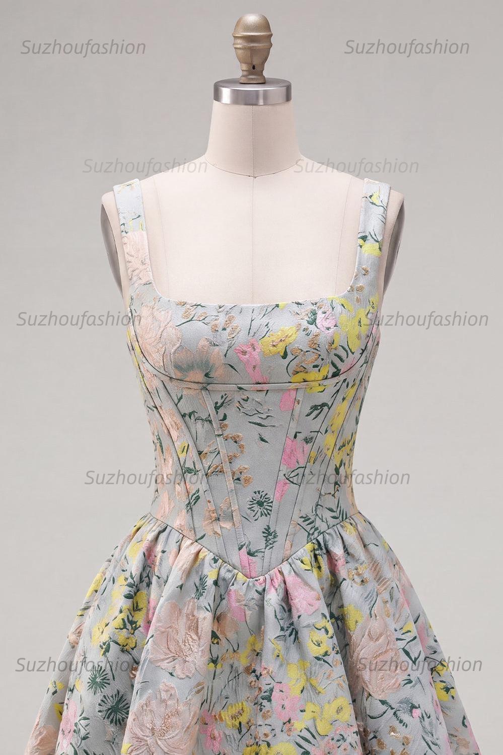 Suzhoufashion Grey Square Neck Jacquard A-Line Short Corset Homecoming Dress