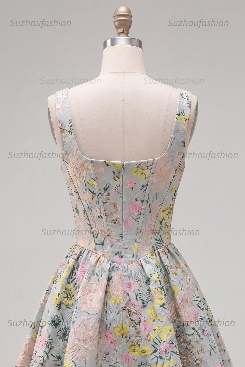 Suzhoufashion Grey Square Neck Jacquard A-Line Short Corset Homecoming Dress