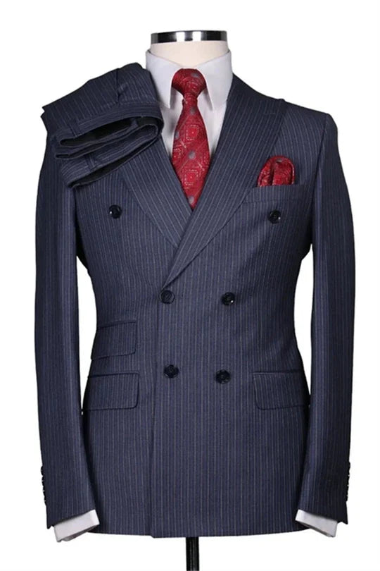 Suzhoufashion Grey Striped Close Fitting Double Breasted Men Suits