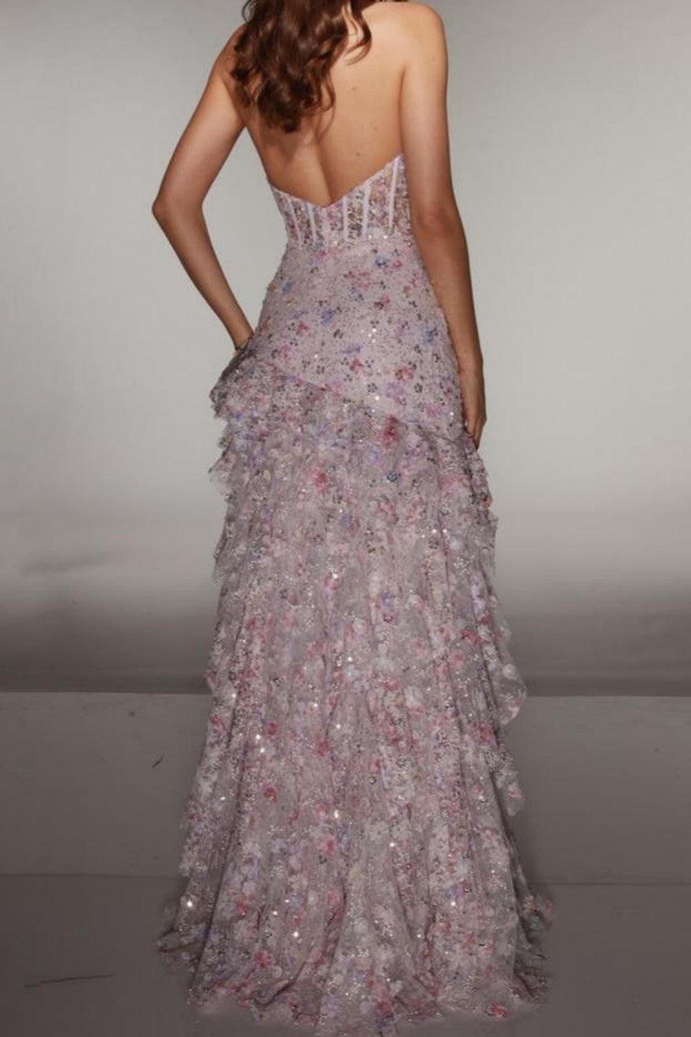 Suzhoufashion Halter Sequin Prom Dress With Corset Bodice High Slit & Ruffle Skirt Formal Evening Gown