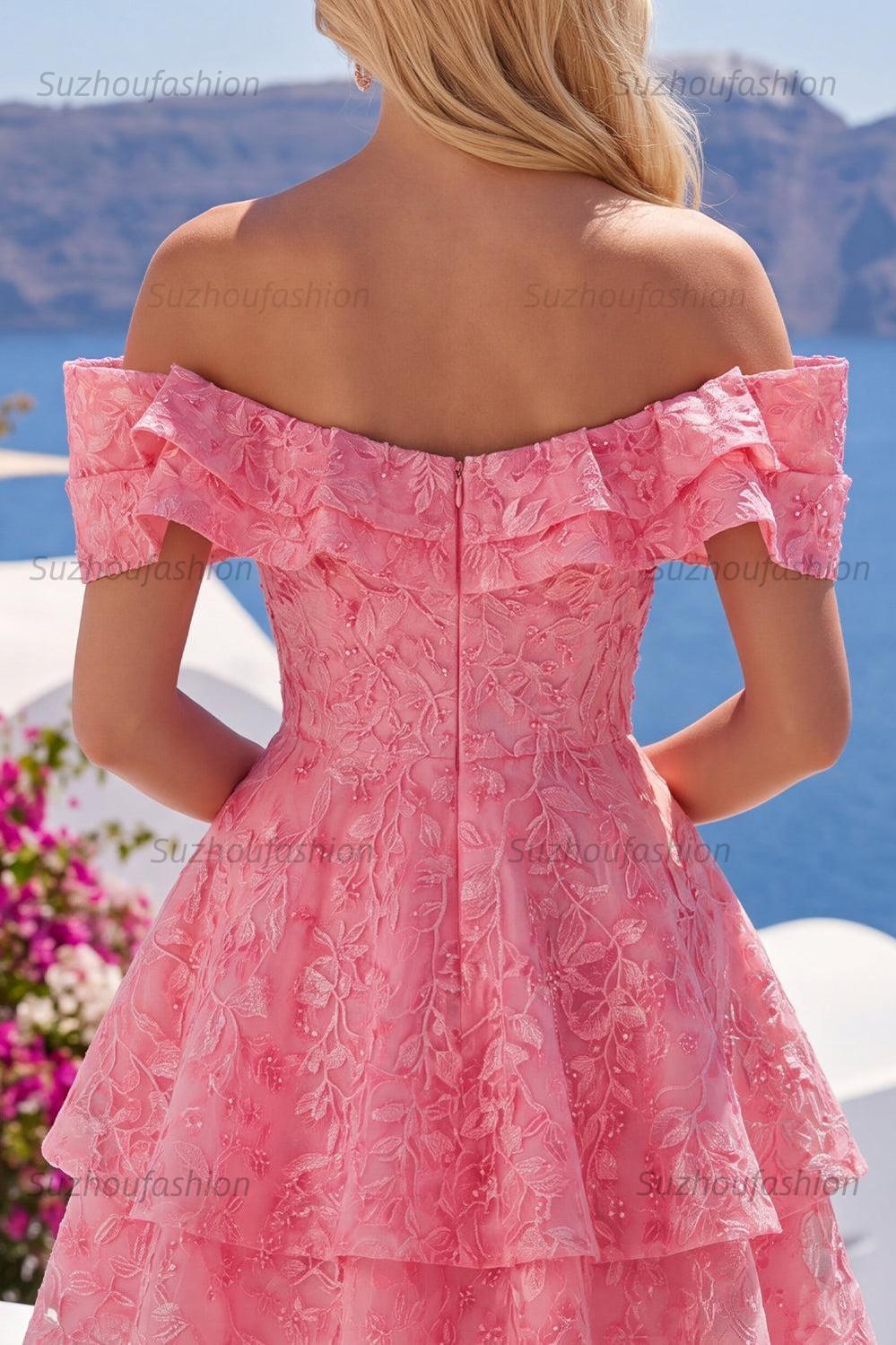 Suzhoufashion Hot Pink Lace Beaded Ruffled Off The Shoulder A Line Short Homecoming Dress