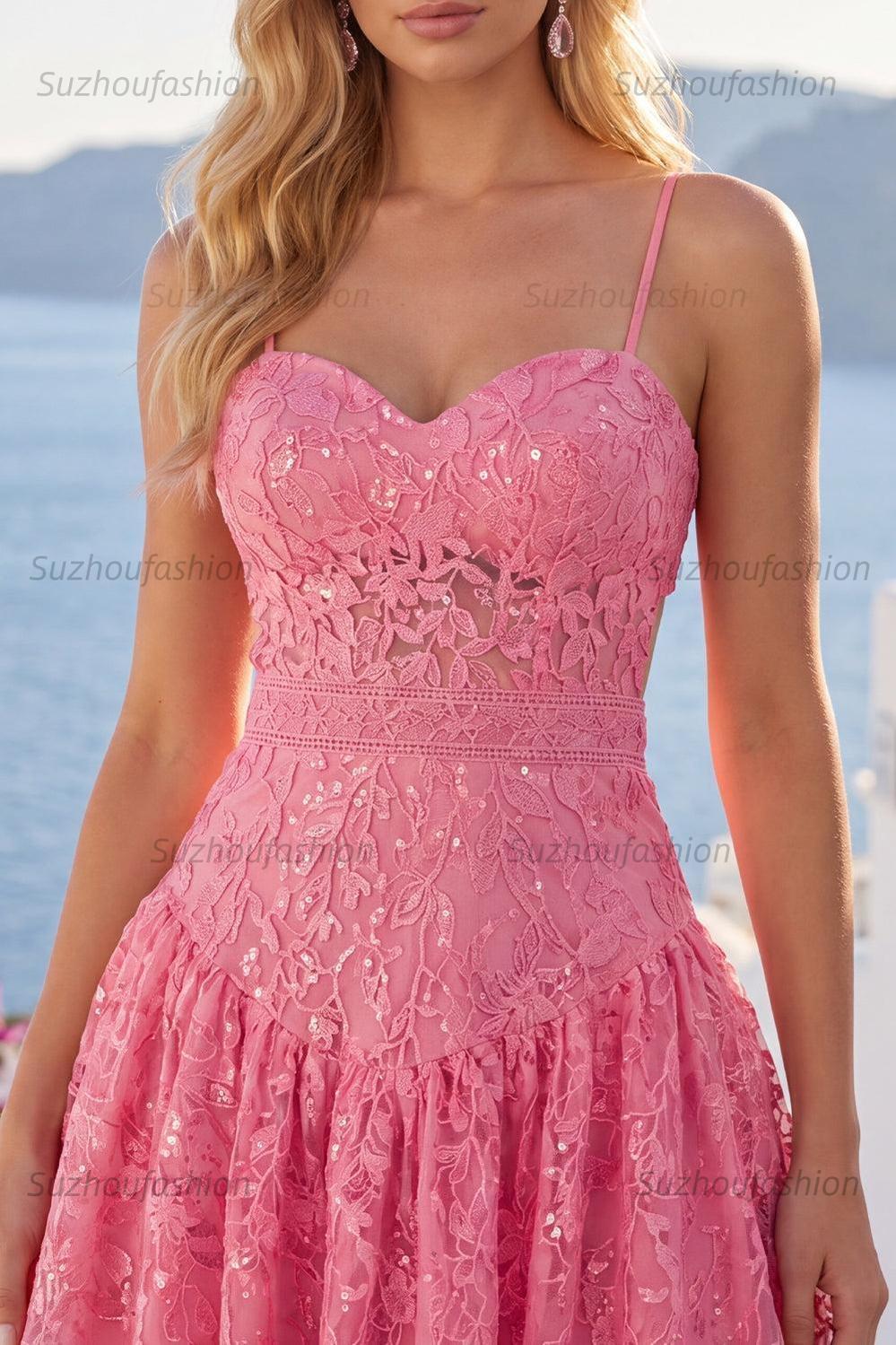Suzhoufashion Hot Pink Short Lace Sequin Spaghetti Straps A Line Homecoming Dress with Bow