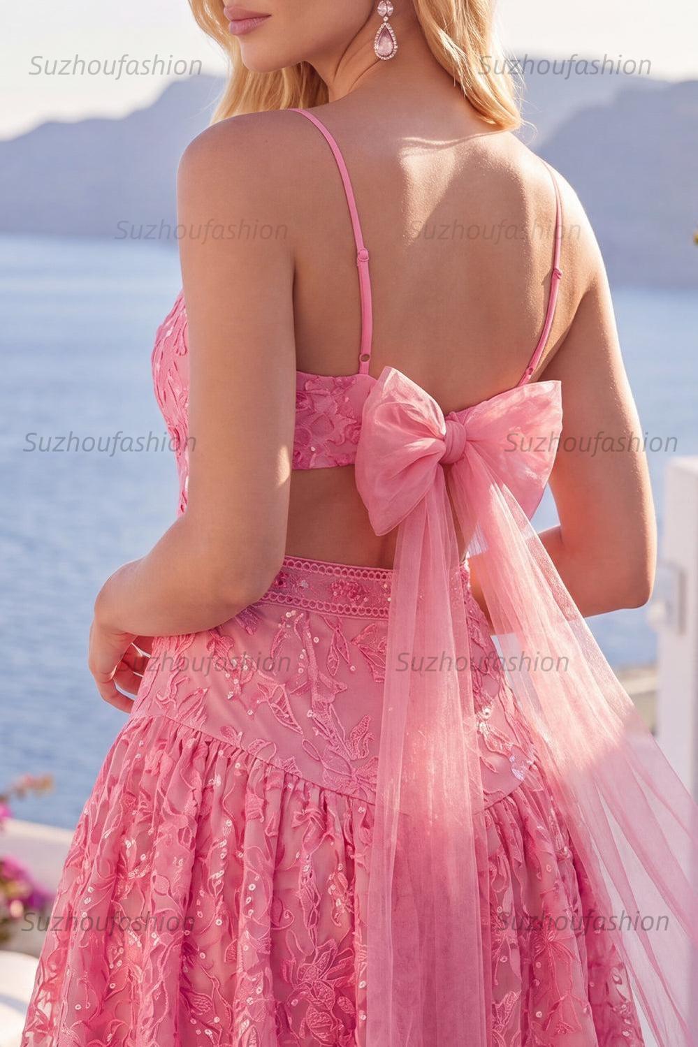 Suzhoufashion Hot Pink Short Lace Sequin Spaghetti Straps A Line Homecoming Dress with Bow