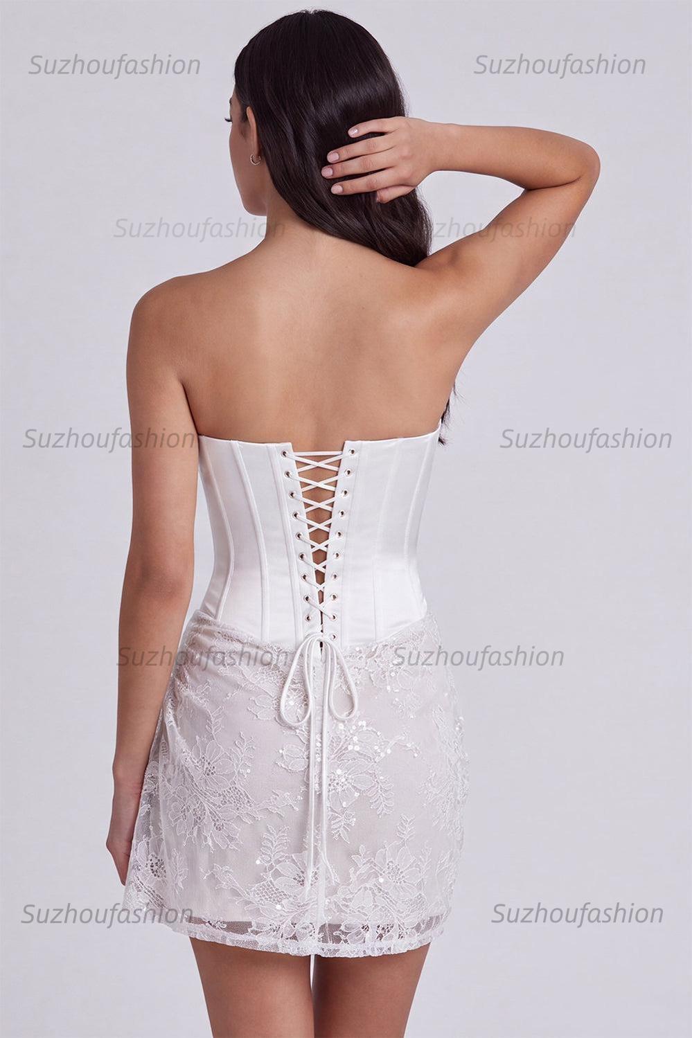 Suzhoufashion Ivory Corset Lace Tight Ruched Strapless Short Engagement Dress