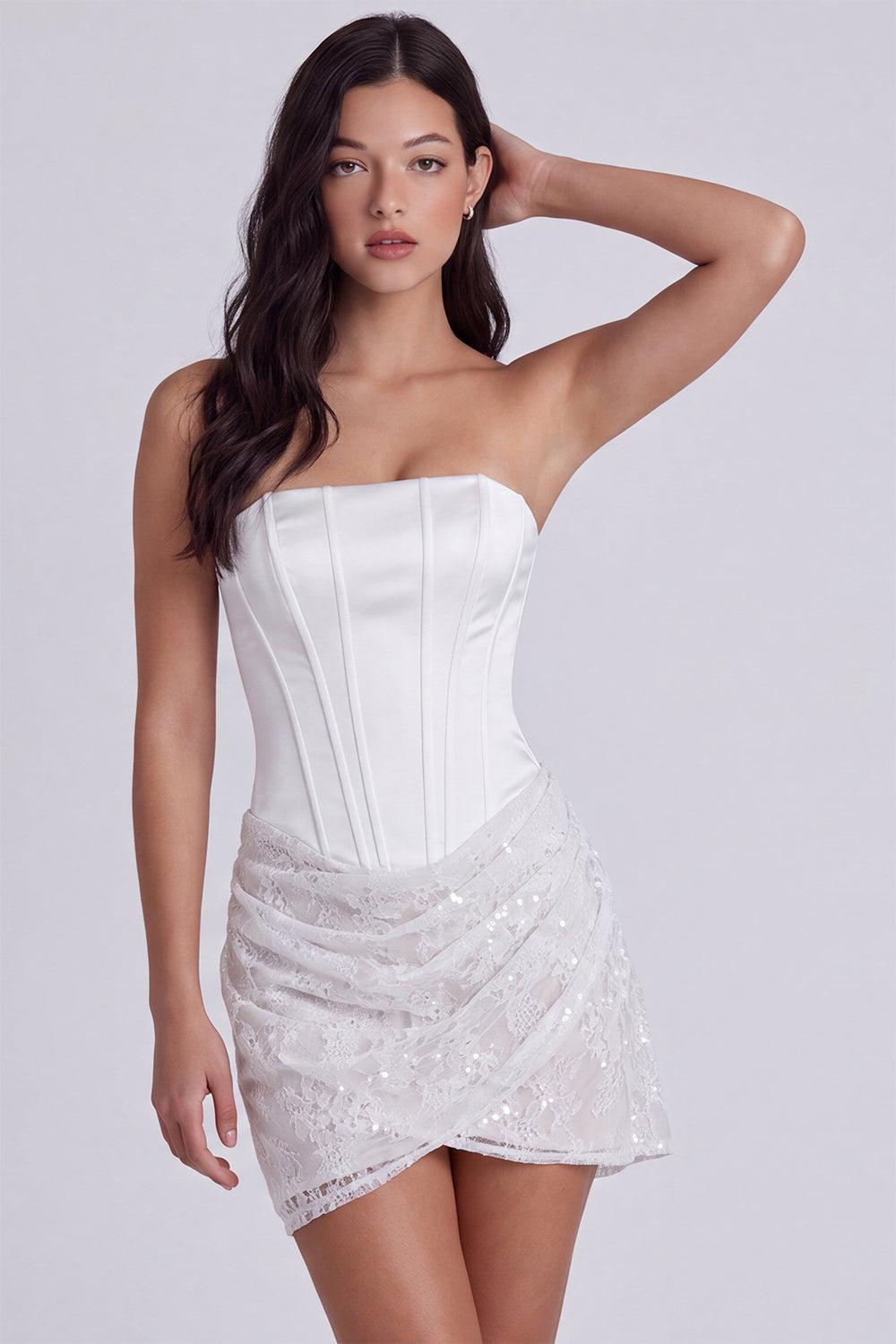 Suzhoufashion Ivory Corset Lace Tight Ruched Strapless Short Engagement Dress