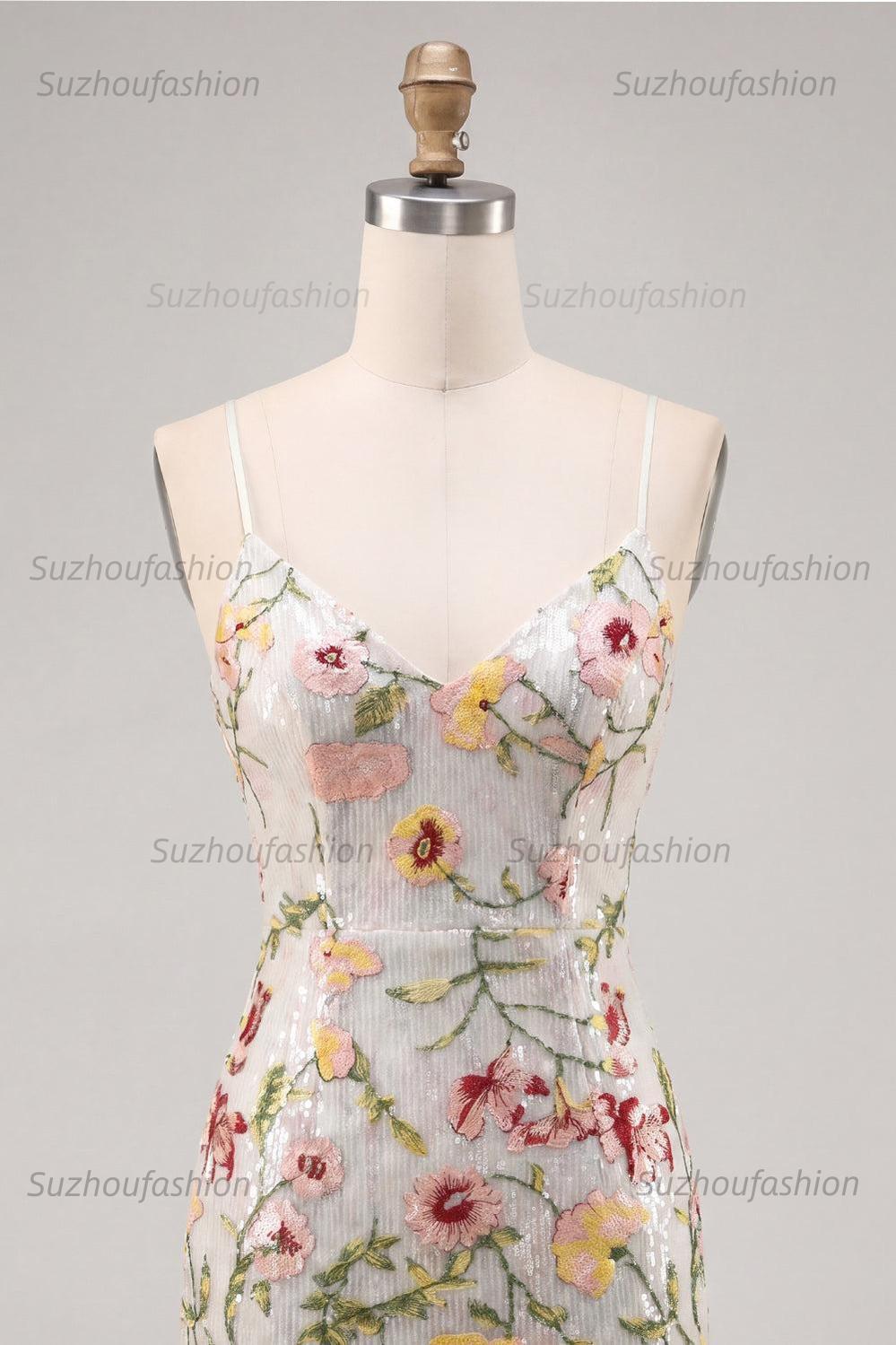 Suzhoufashion Ivory Floral Spaghetti Straps Beaded Tight Short Homecoming Dress