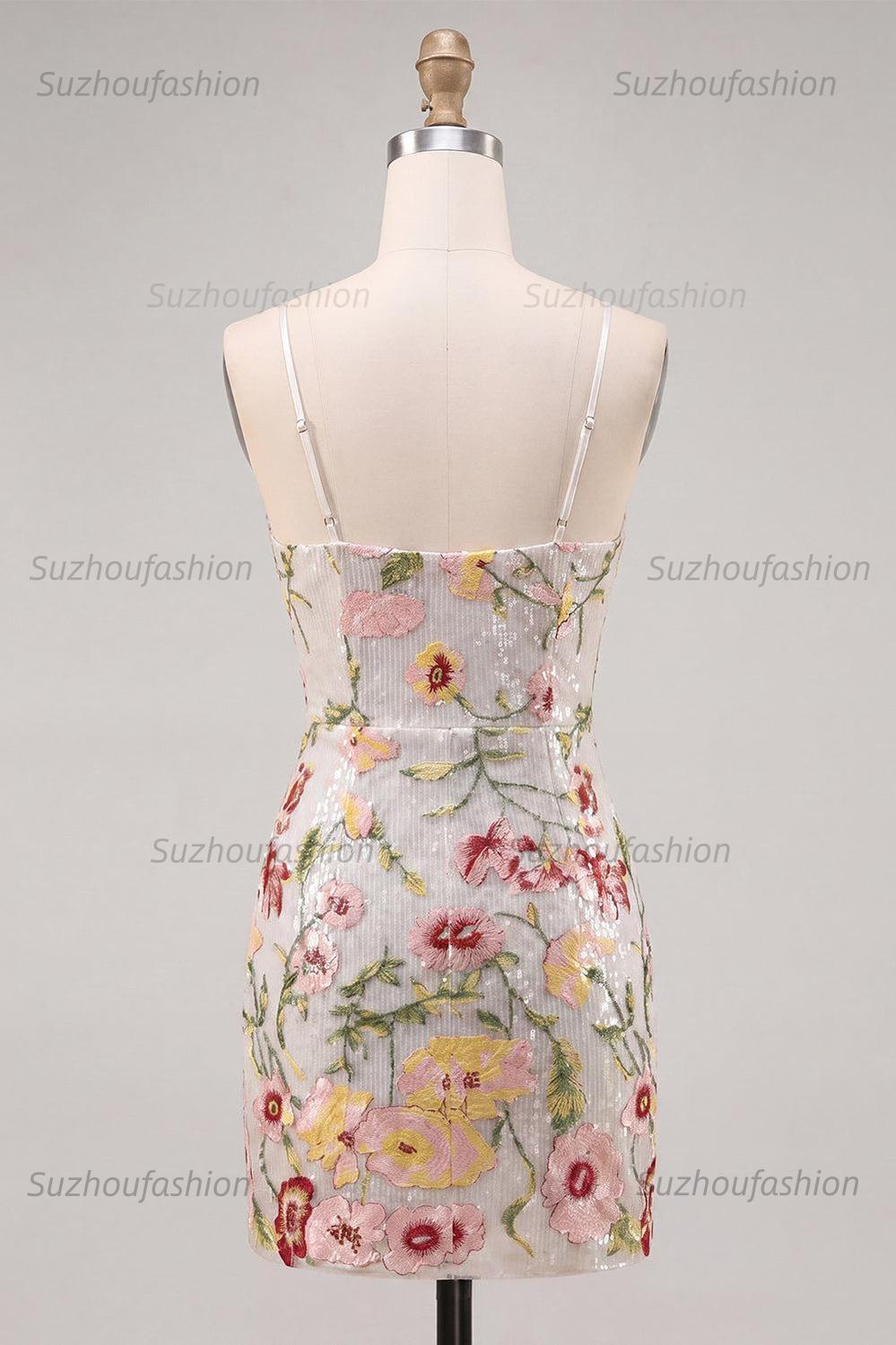 Suzhoufashion Ivory Floral Spaghetti Straps Beaded Tight Short Homecoming Dress