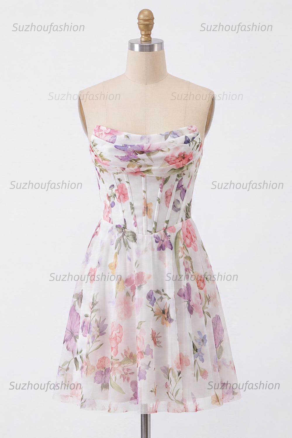 Suzhoufashion Ivory Floral Strapless Corset A-Line Short Homecoming Dress
