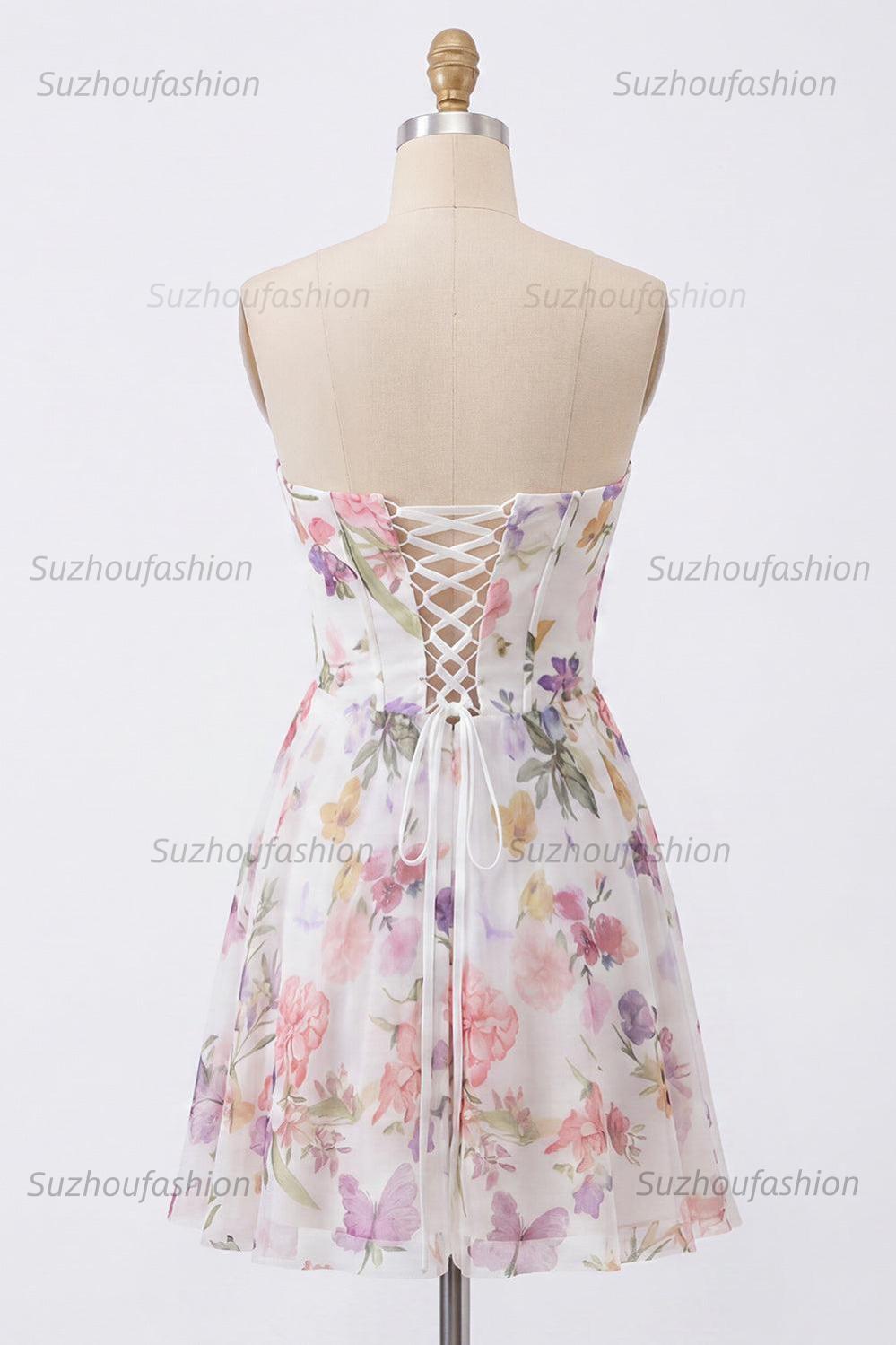 Suzhoufashion Ivory Floral Strapless Corset A-Line Short Homecoming Dress