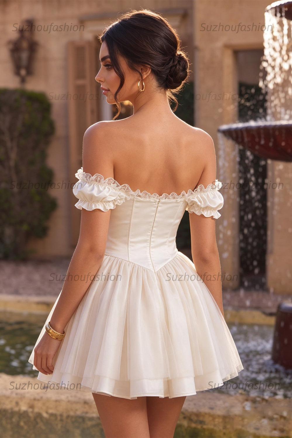 Suzhoufashion Ivory Ruffled A Line Corset Short Homecoming Dress with 3D Flower