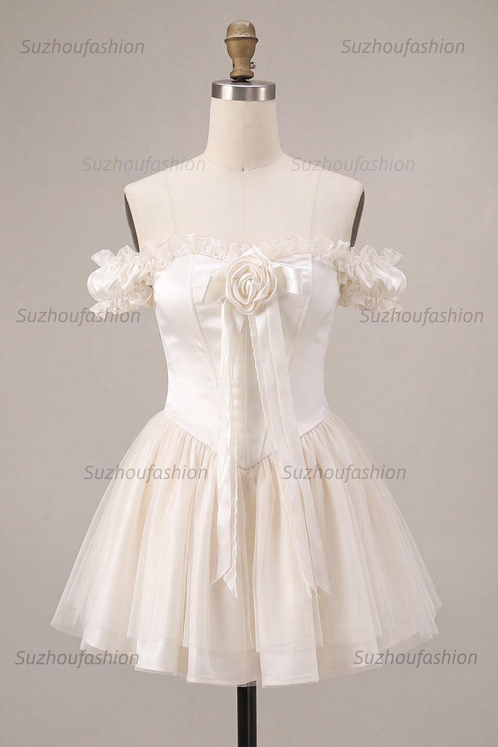 Suzhoufashion Ivory Ruffled A Line Corset Short Homecoming Dress with 3D Flower