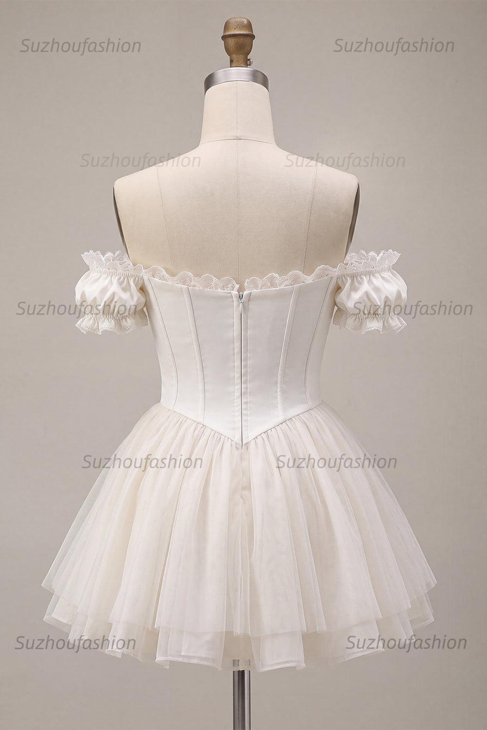Suzhoufashion Ivory Ruffled A Line Corset Short Homecoming Dress with 3D Flower