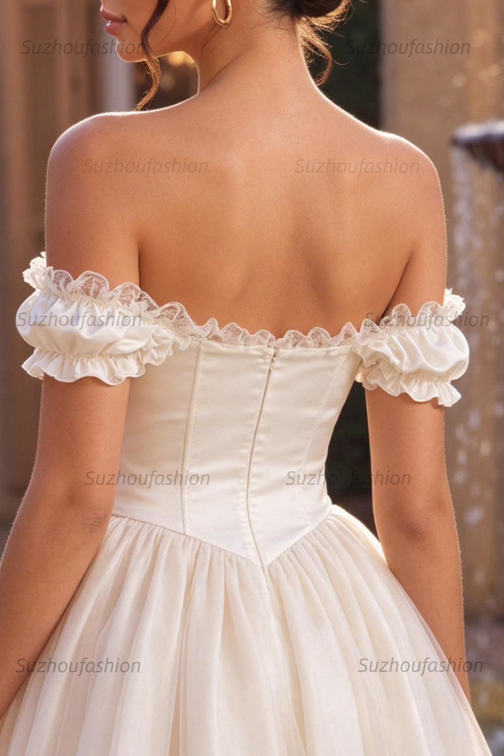 Suzhoufashion Ivory Ruffled A Line Corset Short Homecoming Dress with 3D Flower