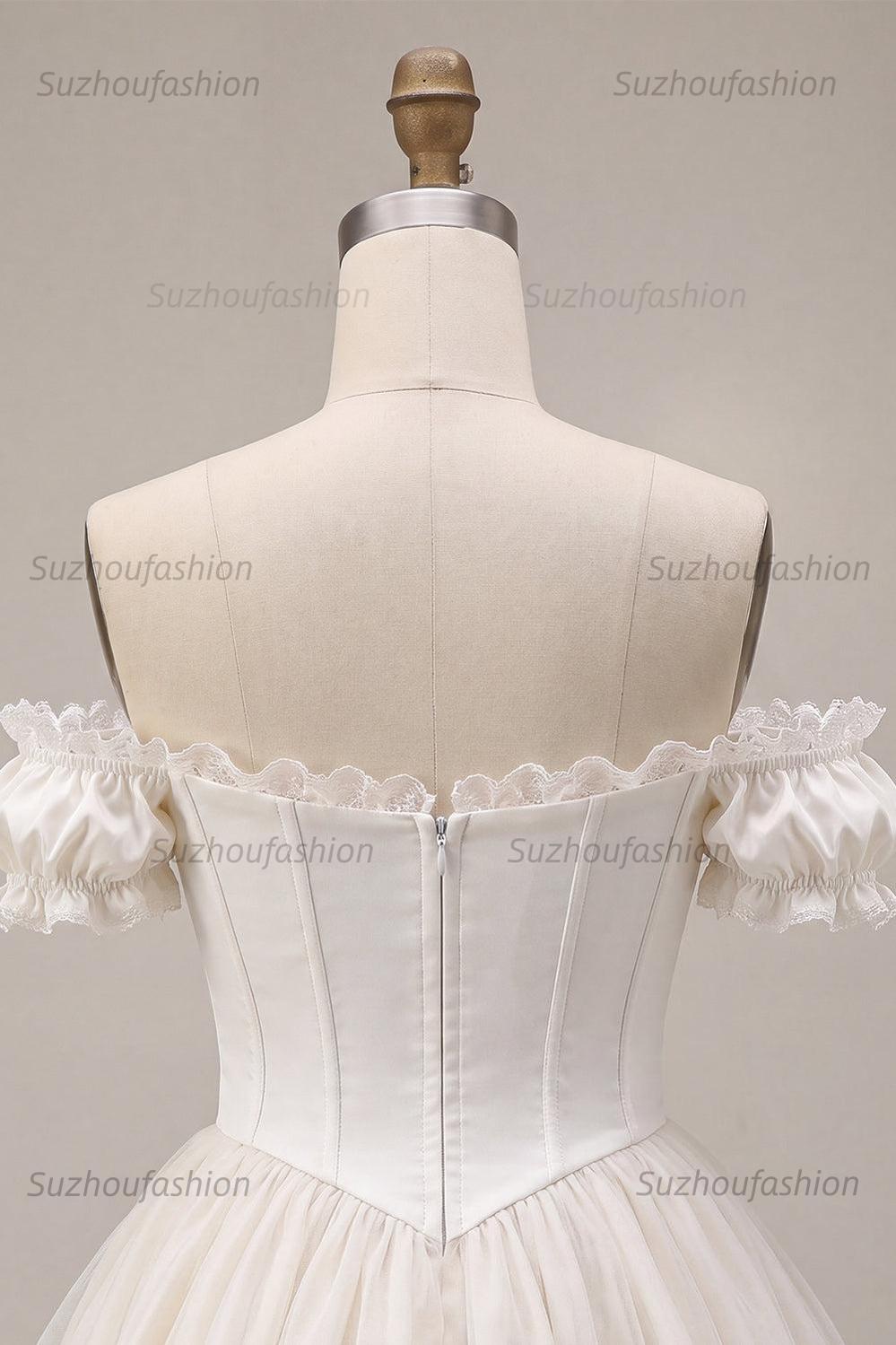 Suzhoufashion Ivory Ruffled A Line Corset Short Homecoming Dress with 3D Flower