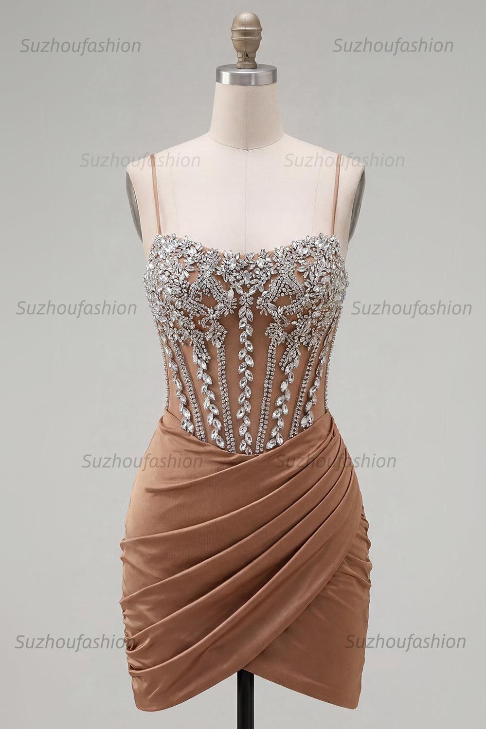 Suzhoufashion Khaki Tight Ruched Short Corset Homecoming Dress with Rhinestones