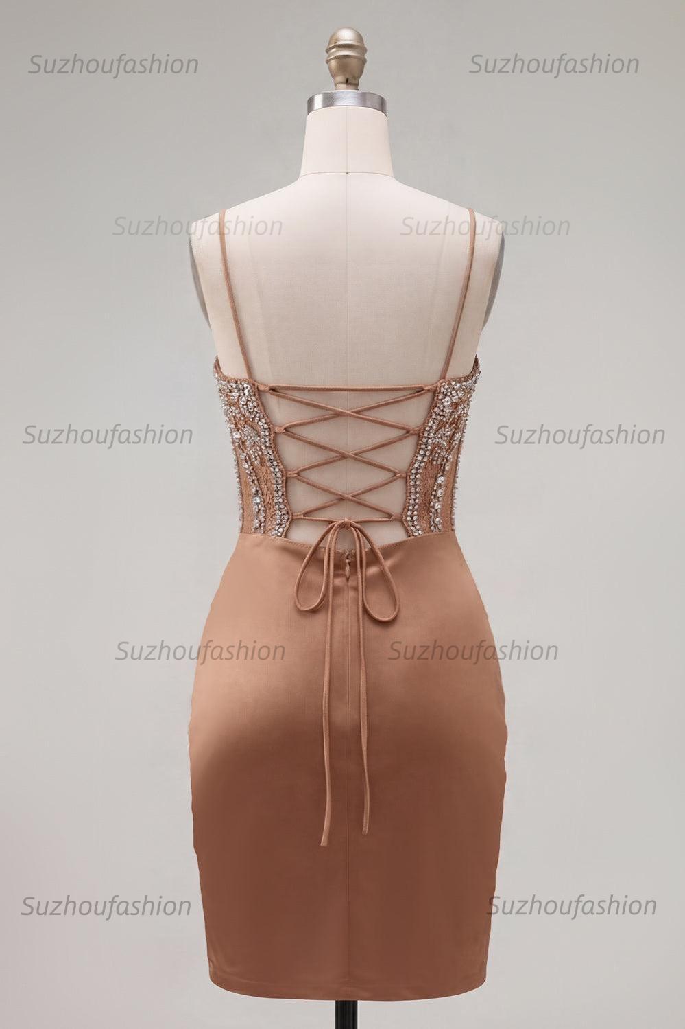 Suzhoufashion Khaki Tight Ruched Short Corset Homecoming Dress with Rhinestones