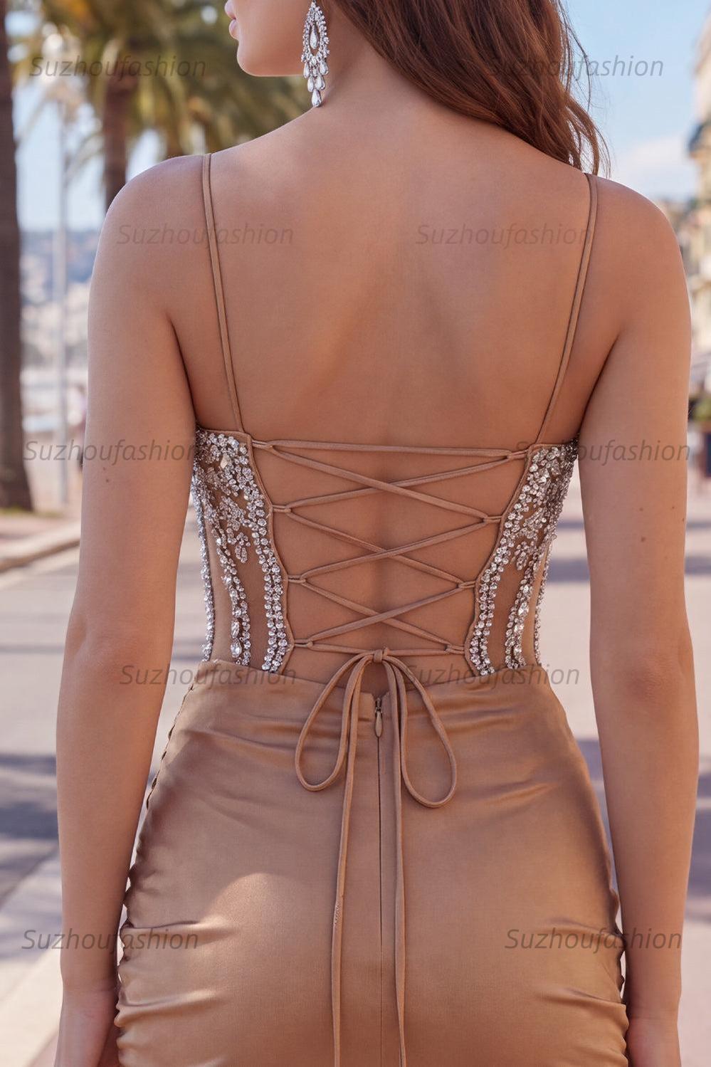 Suzhoufashion Khaki Tight Ruched Short Corset Homecoming Dress with Rhinestones