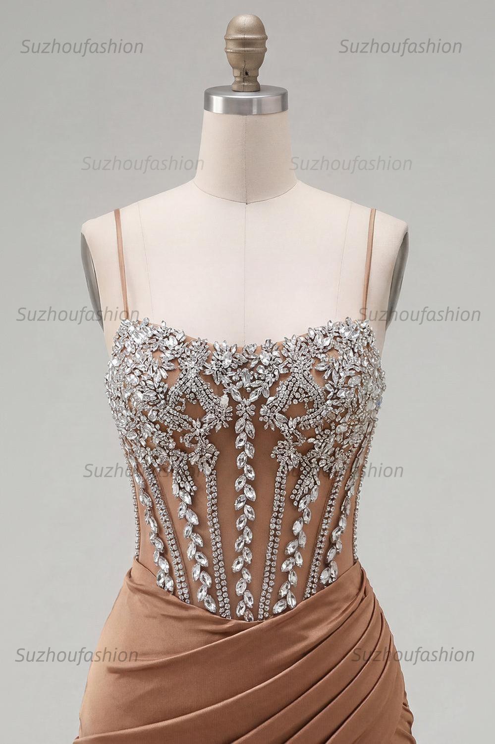 Suzhoufashion Khaki Tight Ruched Short Corset Homecoming Dress with Rhinestones