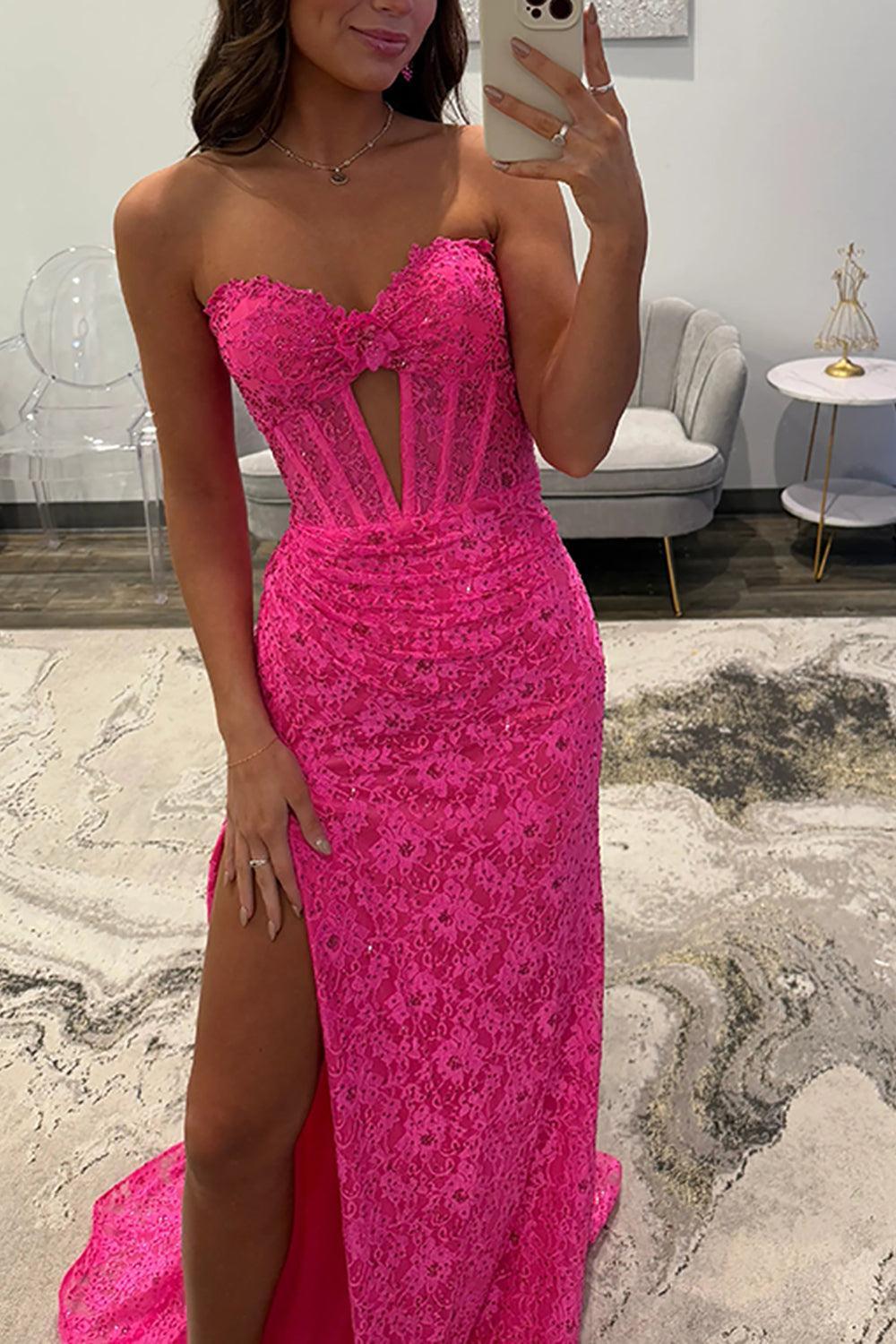 Suzhoufashion Lace Fuchsia Prom Dress Mermaid Corset Keyhole Long Formal Dress With Slit