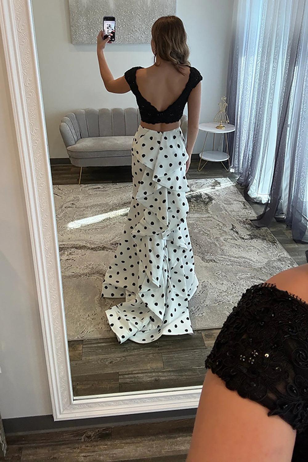 Suzhoufashion Lace White Black Prom Dress Polka Dots 2 Piece Mermaid Long Formal Dress With Ruffles
