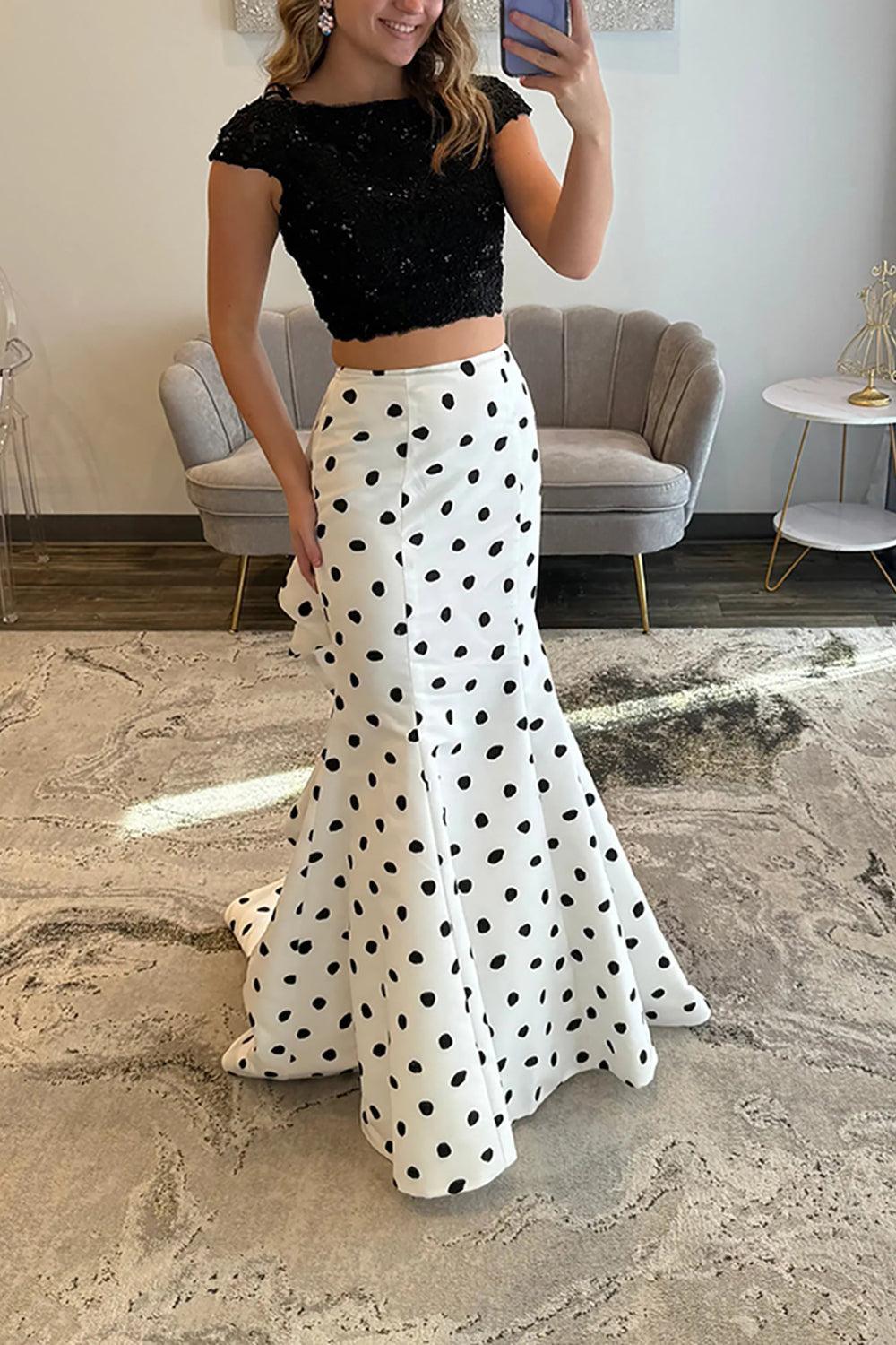 Suzhoufashion Lace White Black Prom Dress Polka Dots 2 Piece Mermaid Long Formal Dress With Ruffles