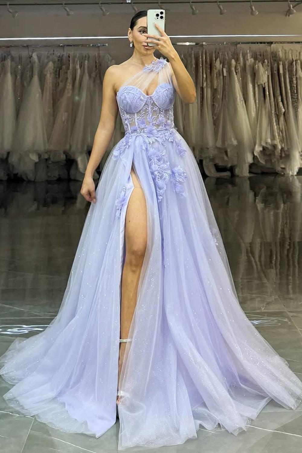 Suzhoufashion Lavender One-Shoulder Floral Appliques Tulle Prom Gown With High Slit Formal Evening Gown