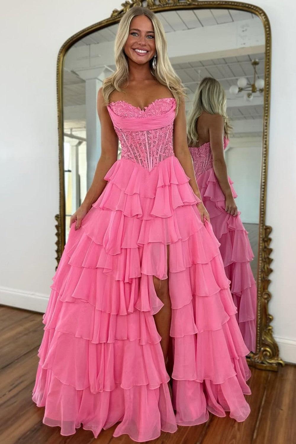 Suzhoufashion Layered Ruffle A-Line Prom Dress With Embellished Lace Bodice And Leg Slit Formal Evening Gown