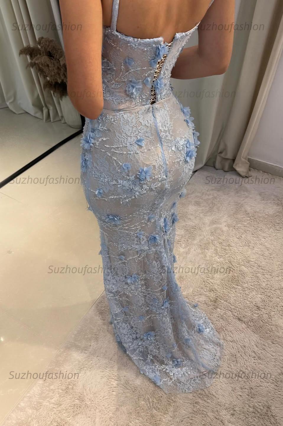 Suzhoufashion Light Blue 3D Floral Lace Beaded Mermaid Prom Dress With Illusion Corset Bodice Formal Evening Gown