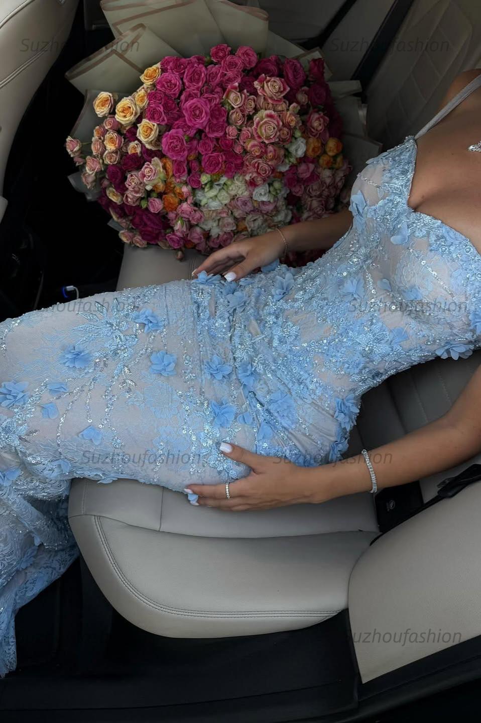 Suzhoufashion Light Blue 3D Floral Lace Beaded Mermaid Prom Dress With Illusion Corset Bodice Formal Evening Gown