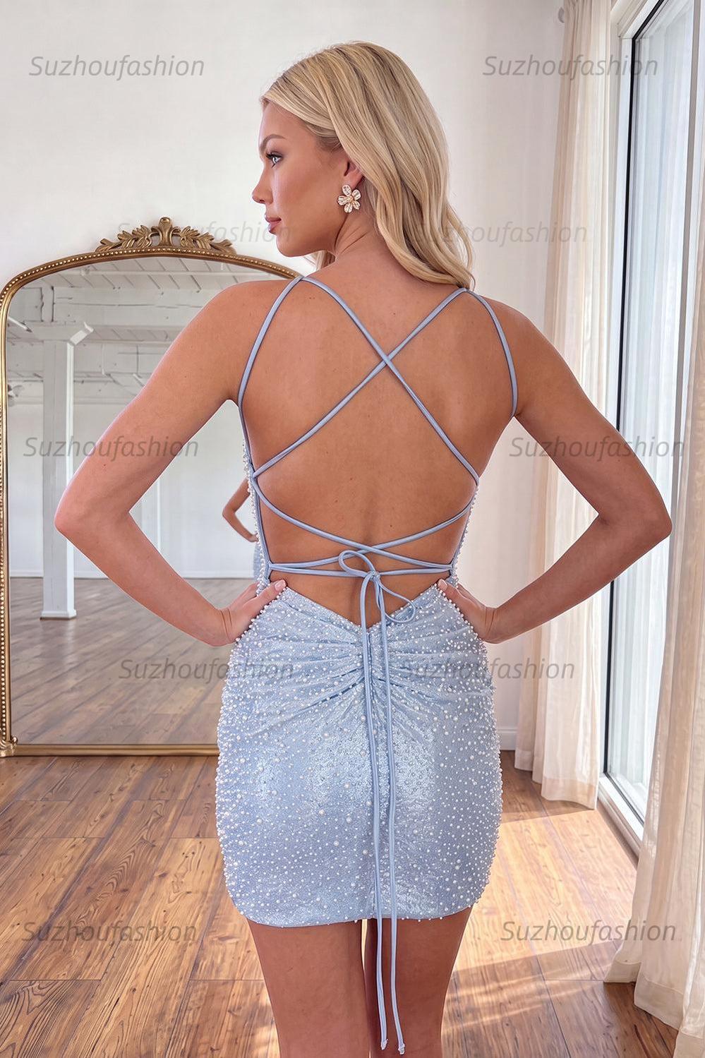 Suzhoufashion Light Blue Beaded Lace Up Back Ruched Tight Short Homecoming Dress