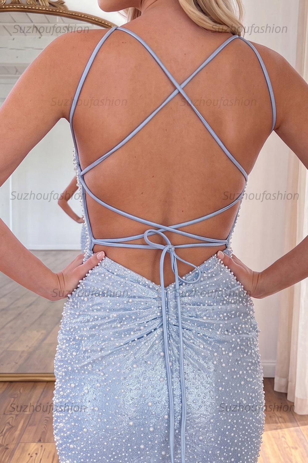 Suzhoufashion Light Blue Beaded Lace Up Back Ruched Tight Short Homecoming Dress