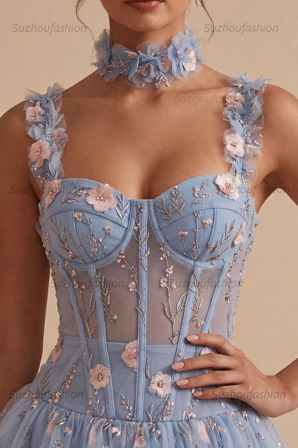 Suzhoufashion Light Blue Corset Beaded A Line Bubble Short Homecoming Dress with 3D Flowers