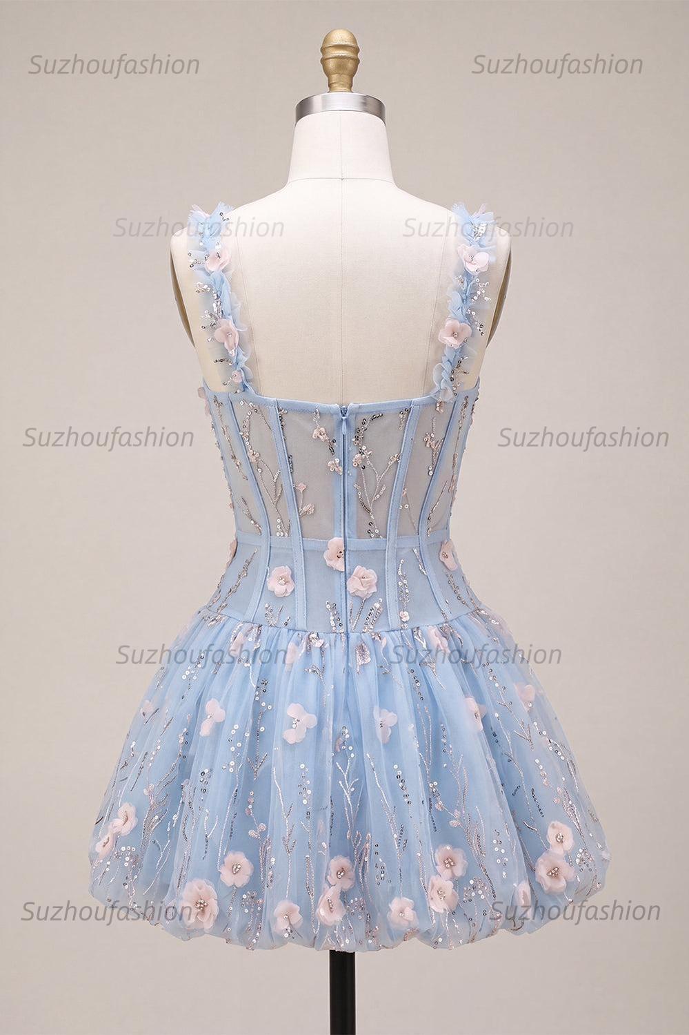 Suzhoufashion Light Blue Corset Beaded A Line Bubble Short Homecoming Dress with 3D Flowers