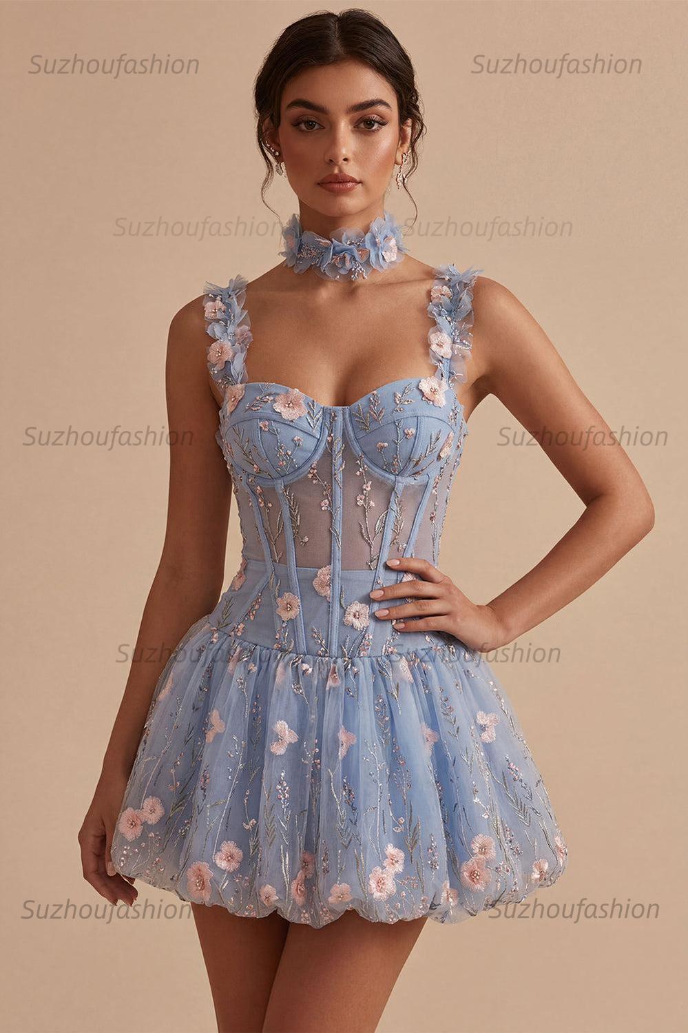 Suzhoufashion Light Blue Corset Beaded A Line Bubble Short Homecoming Dress with 3D Flowers