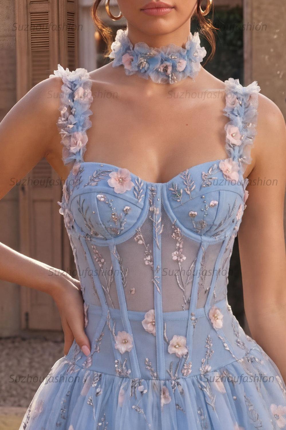 Suzhoufashion Light Blue Corset Beaded A Line Bubble Short Homecoming Dress with 3D Flowers