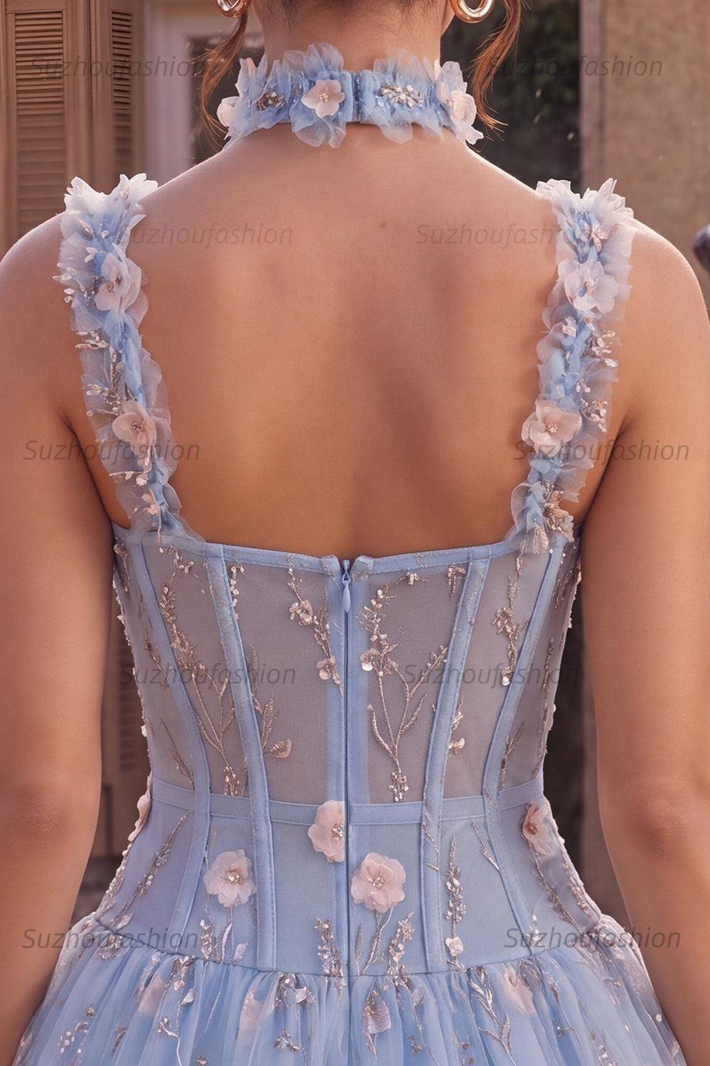 Suzhoufashion Light Blue Corset Beaded A Line Bubble Short Homecoming Dress with 3D Flowers
