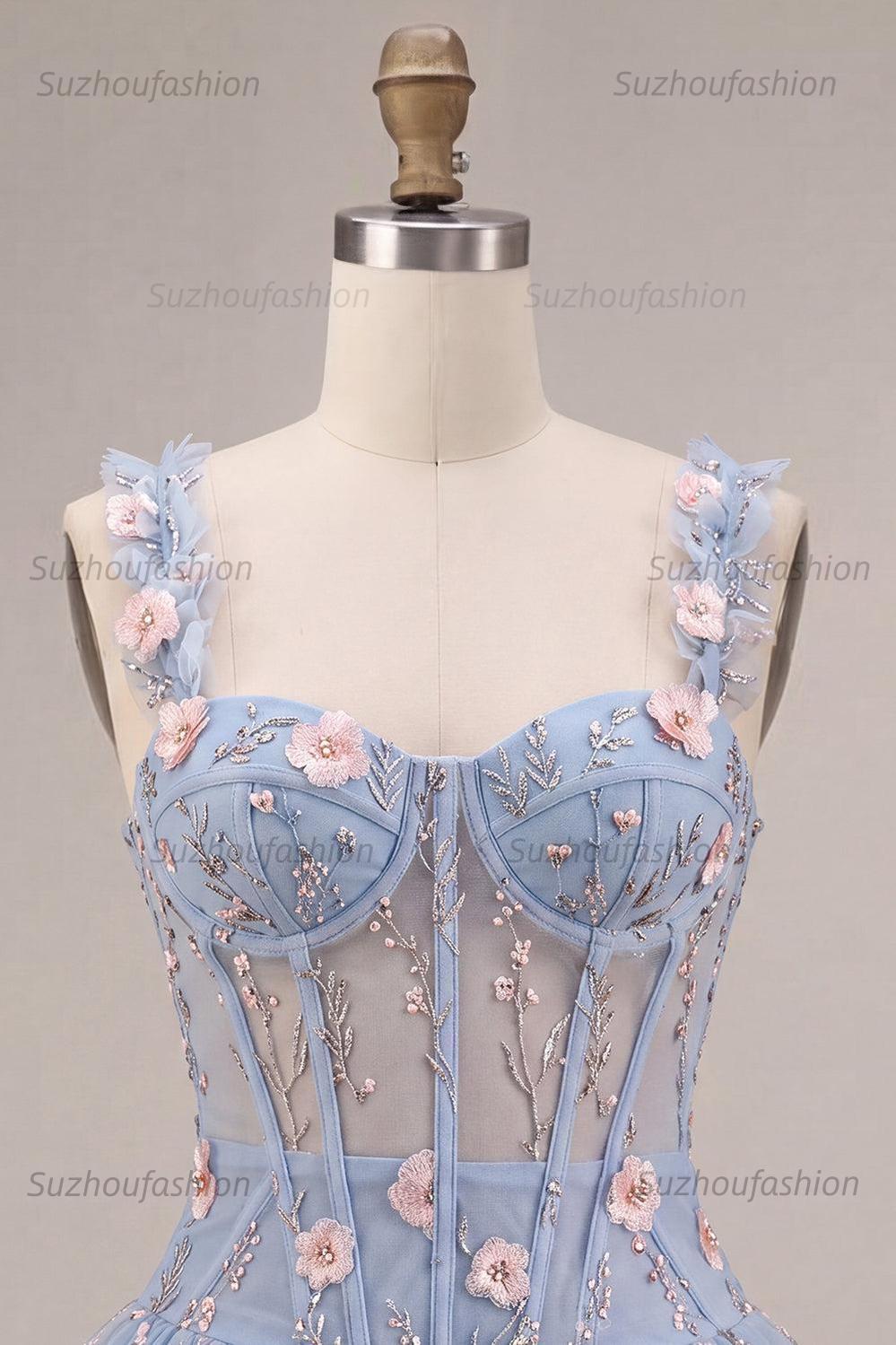 Suzhoufashion Light Blue Corset Beaded A Line Bubble Short Homecoming Dress with 3D Flowers