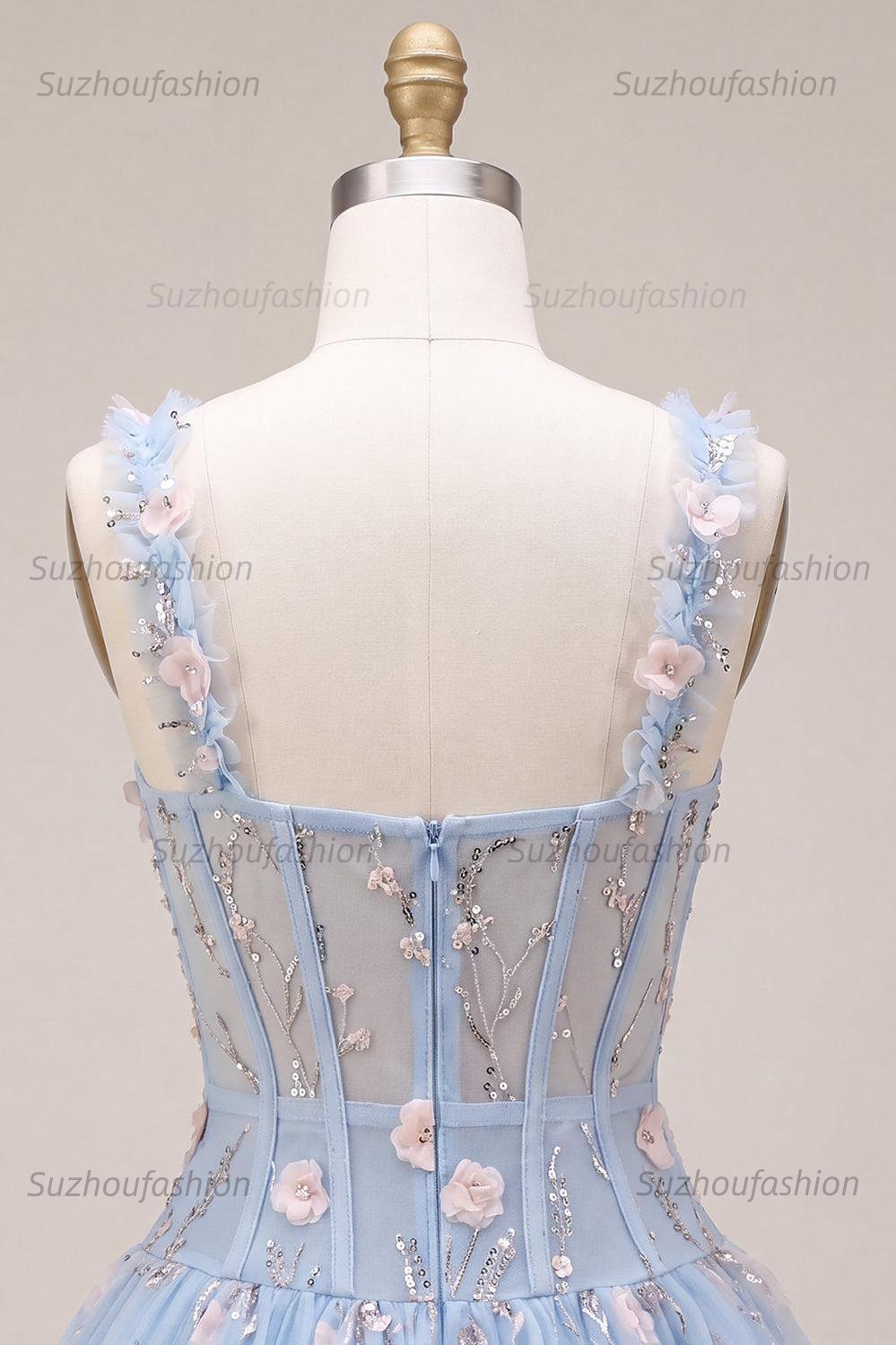 Suzhoufashion Light Blue Corset Beaded A Line Bubble Short Homecoming Dress with 3D Flowers